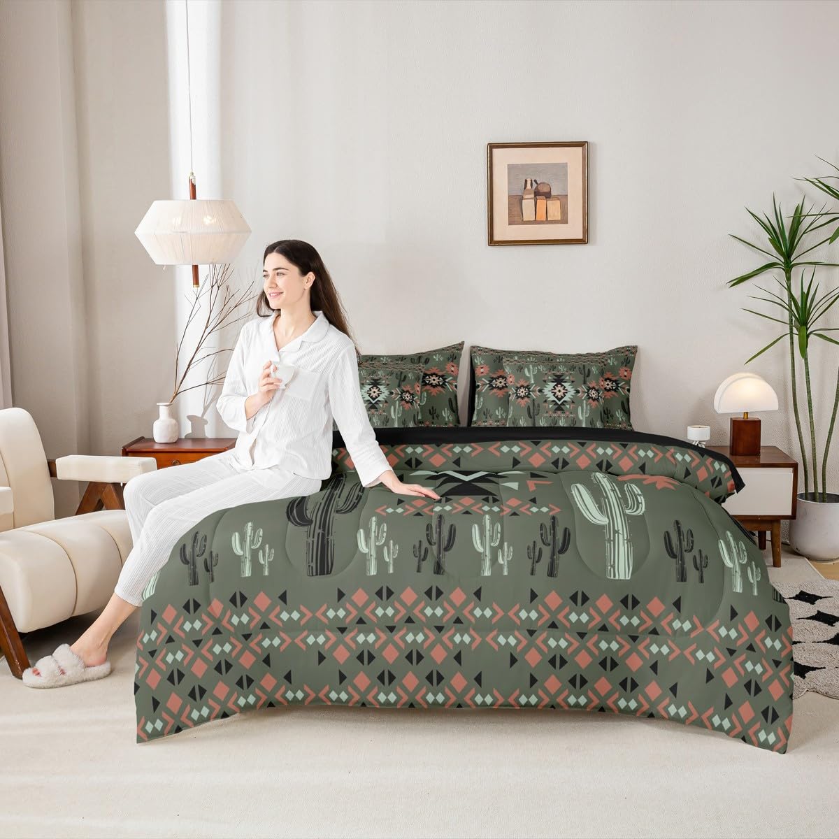 Khaki Southwestern Aztec Comforter Set with Sheets 7 Piece