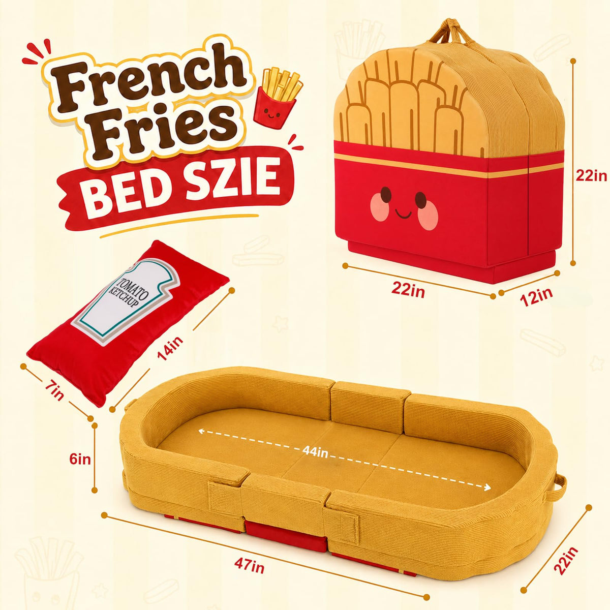 Toddler Travel Bed "French Fries" Style with "Ketchup" Pillow - Portable Toddlers Floor Beds, Foldable Soft Foam