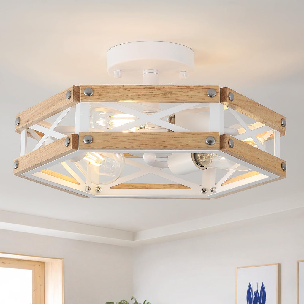 3-Light Modern Farmhouse Wood Flush Mount Ceiling Light Fixture 14.5 inch Vintage Natural Wood and Metal Cage Semi
