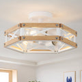 3-Light Modern Farmhouse Wood Flush Mount Ceiling Light Fixture 14.5 inch Vintage Natural Wood and Metal Cage Semi