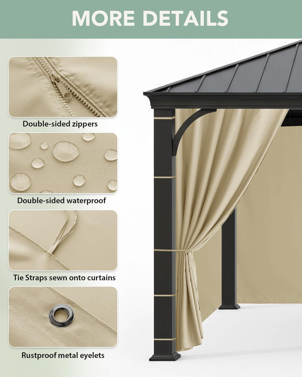 Patio Curtains Outdoor Waterproof with Zipper, 4-Panel, Cream