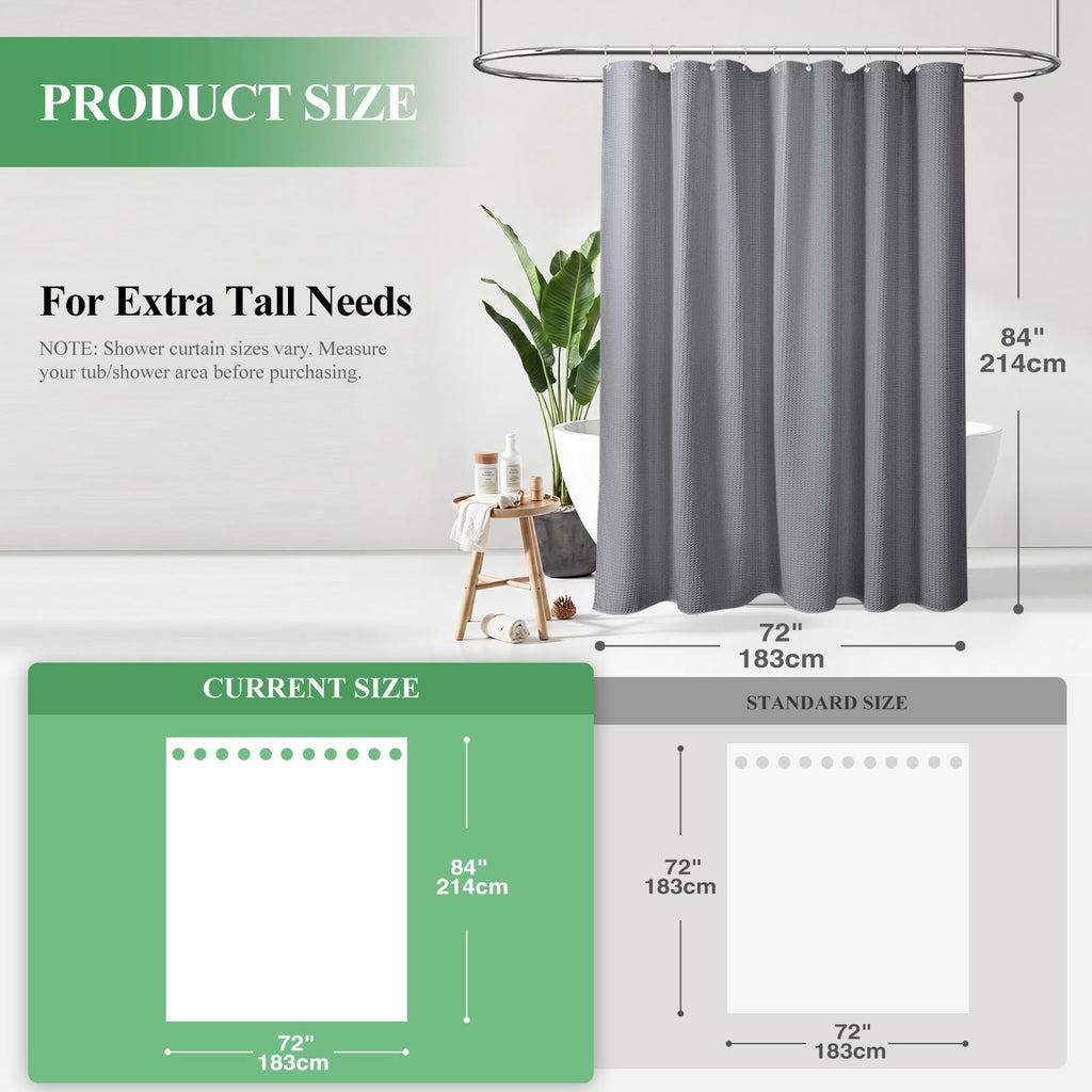 Extra Long Waffle Shower Curtain 256 GSM Fabric 72"x84" Grey/Gray