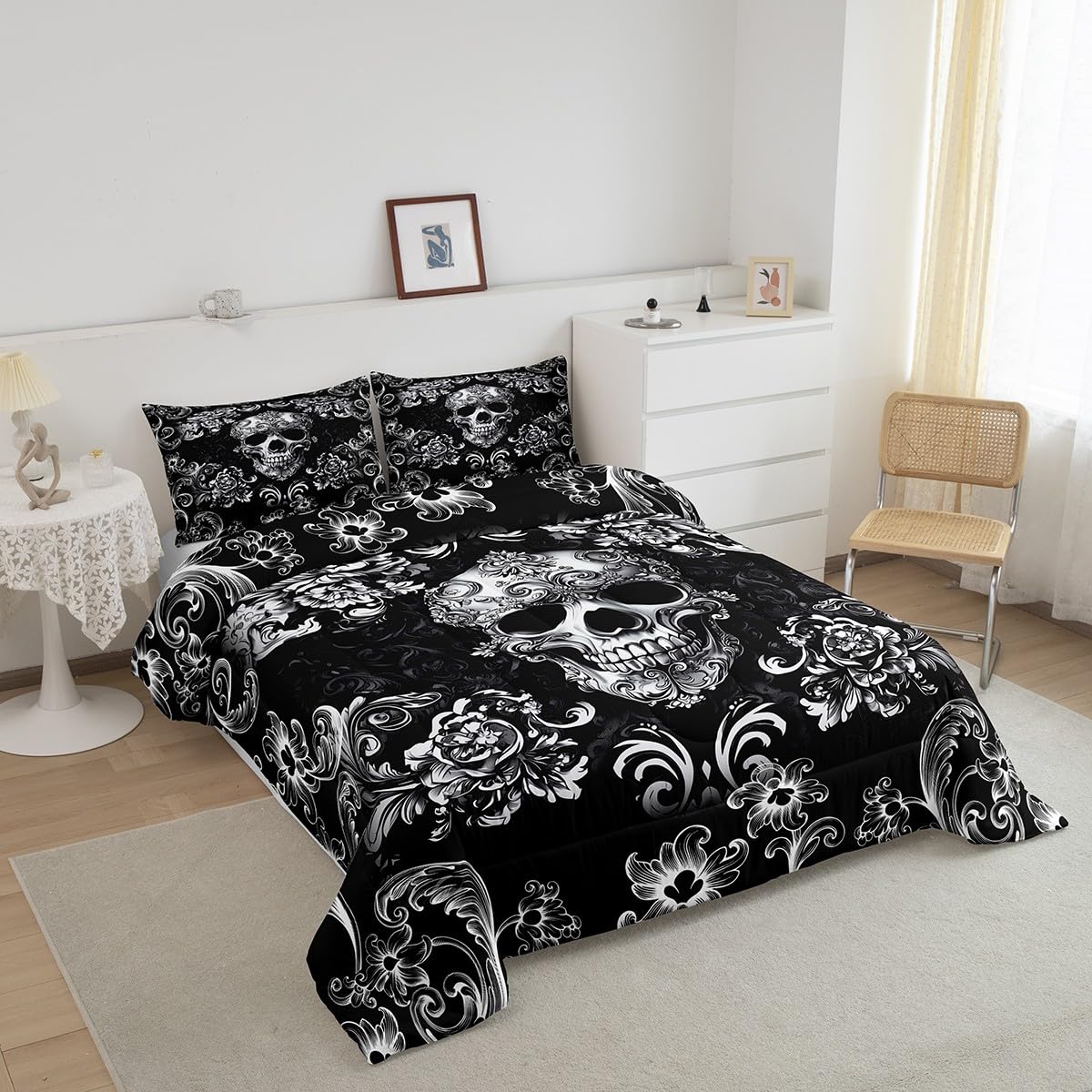 Gothic Skull Bed Comforter Set Queen Size, Halloween Flower Skeleton Super Soft Microfiber Bedding Set for Adults