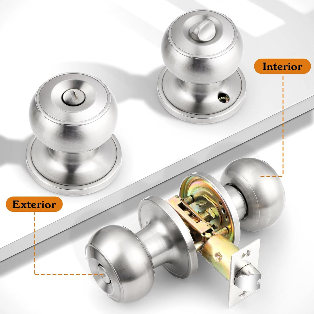 Brushed Nickel Door Knobs, Privacy Door Knob Bedroom, Interior Door Knobs with Thumb Turning Locking Button, 10 Pack