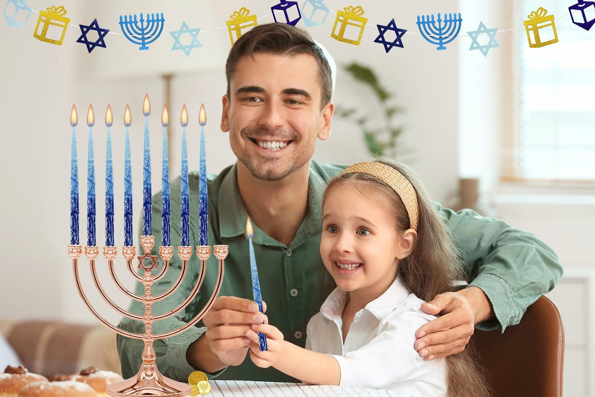 Hanukkah Candles Dripless Multi Blue Hued Frosted Deluxe Tapered Candles 1-Hour Burn Time Odorless 45 Candles for All - Set of 45