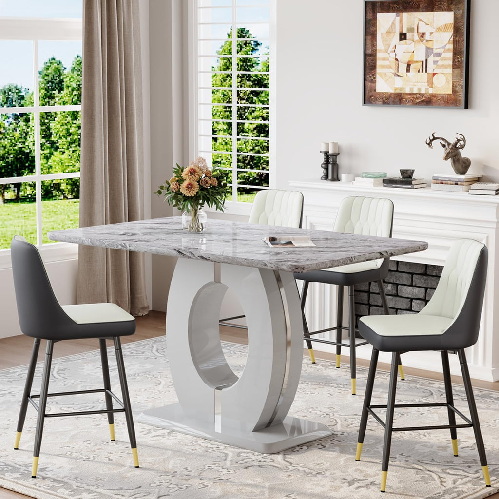 63'' Marble Dining Table Set for 4, Modern Counter Height Dining Table Set, Grey High Top Table with Leather Bar