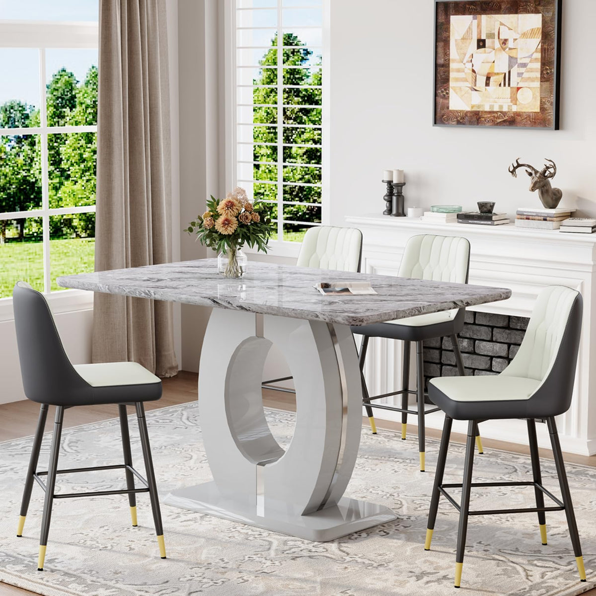 63'' Marble Dining Table Set for 4, Modern Counter Height Dining Table Set, Grey High Top Table with Leather Bar