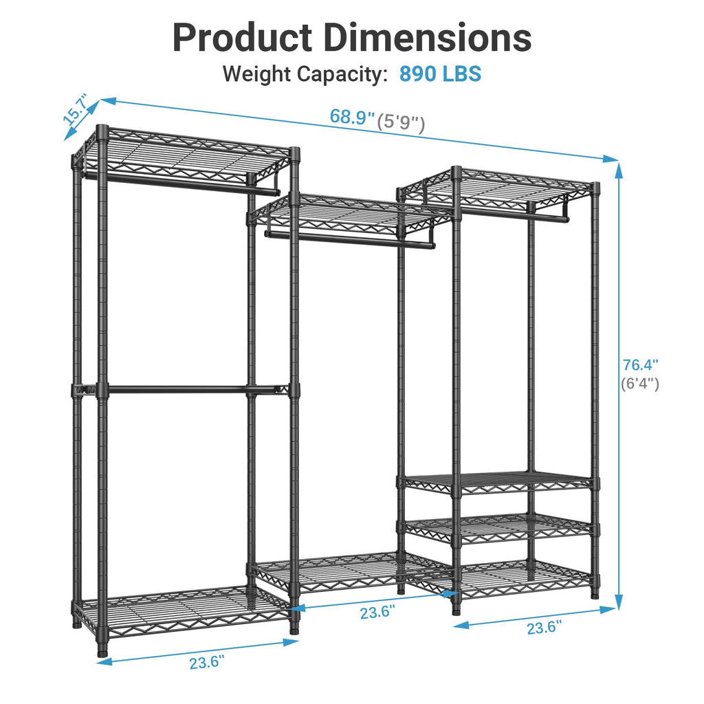 V5C Portable Closet Wardrobe Bedroom Armoires Heavy Duty Covered Clothing Rack, Black Metal with Grey Oxford Fabric