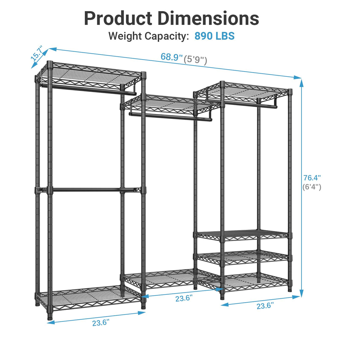 V5C Portable Closet Wardrobe Bedroom Armoires Heavy Duty Covered Clothing Rack, Black Metal with Grey Oxford Fabric