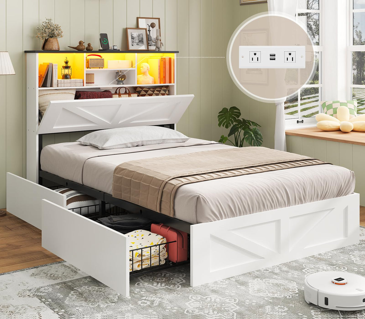 Farmhouse Twin Bed Frame with 4 Storage Drawers and Charging Station, Wooden Led Twin Bed with Storage Hidden Space