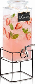 Glass Drink Dispenser, with Stand, 1 Gallon, Serves 15 Cups, Leak-Proof Stainless Steel Spigot, Beverage Storage