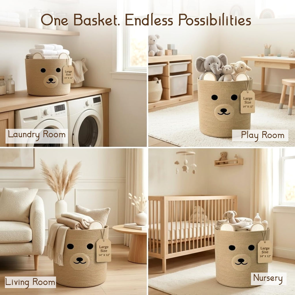 Nursery Storage Basket, 25L Large Woven Cotton Rope Baby Bin with Bear Design, Foldable Washable Laundry Hamper, Kids