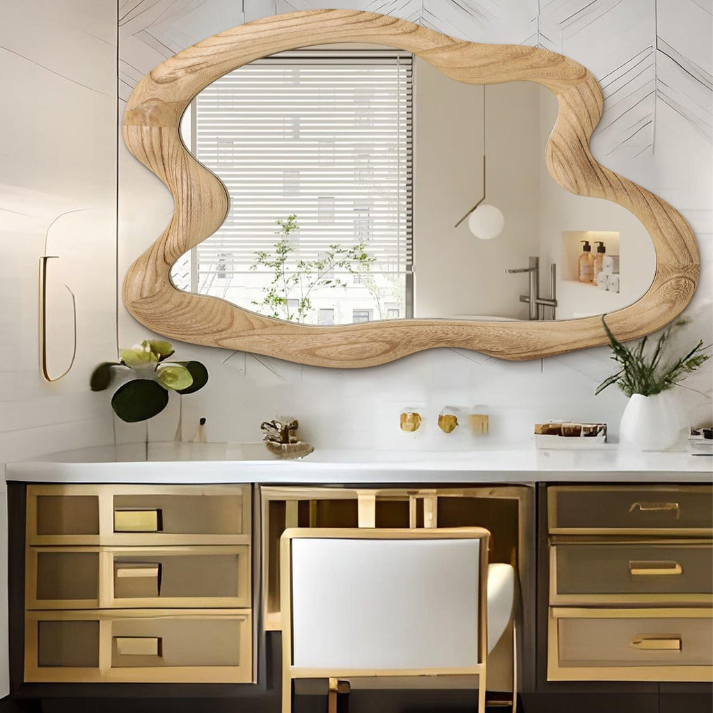 Large Rustic Wall Mirror with Wooden Frame Irregular Wall Mirror 32"x24" Decorative Asymmetrical Hanging Mirror