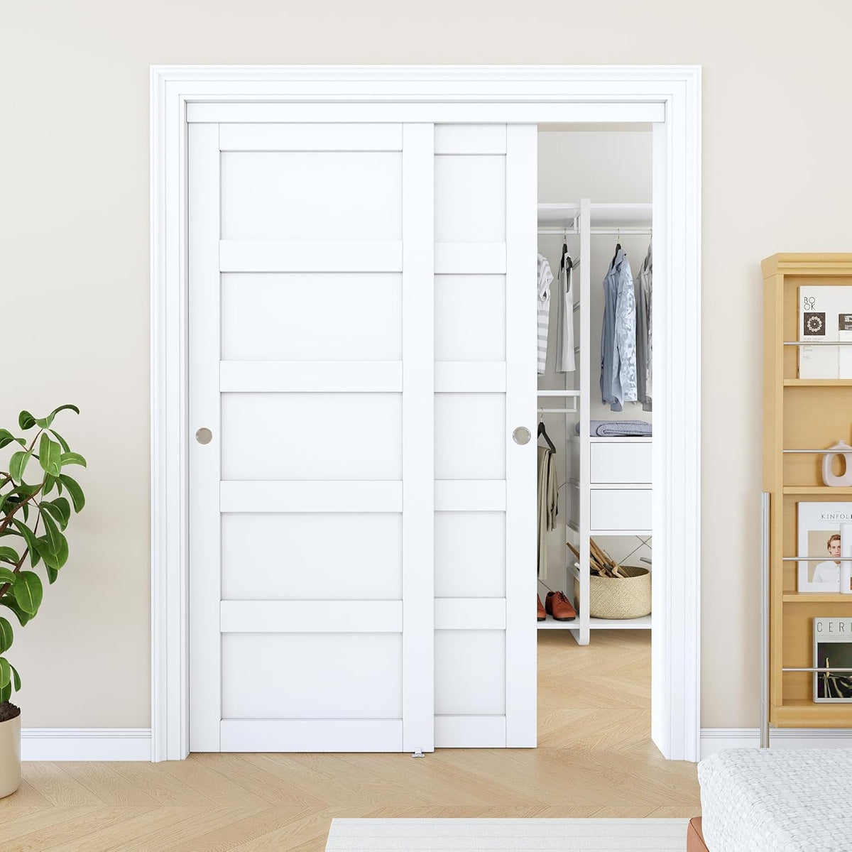 Paintable Sliding Closet Door 60" x 80", 5-Panel Solid Core Interior Sliding Door for Bedroom, Bypass Closet Panels