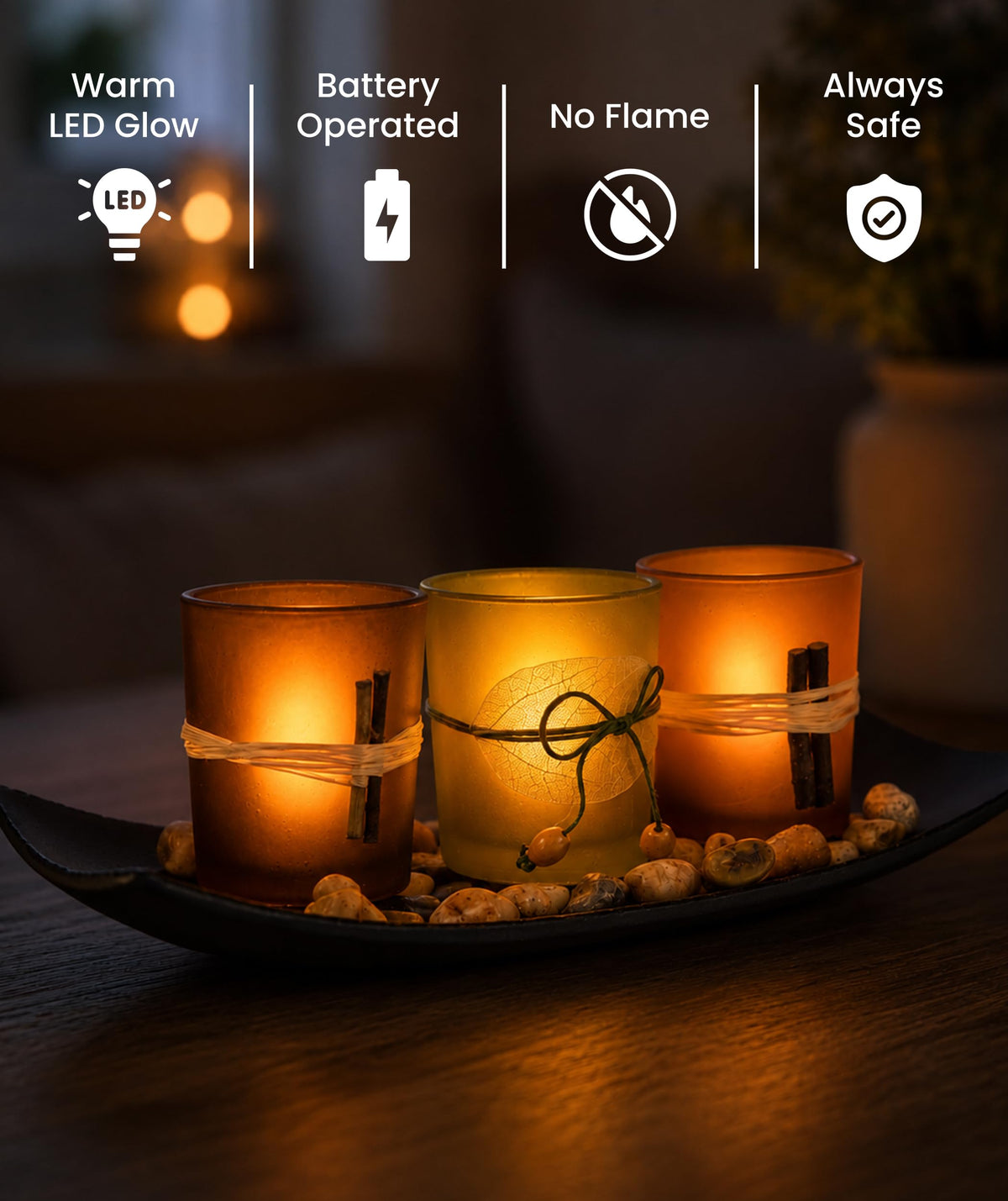Decorative Votive Candle Holders, Vintage Decor Flameless Candlescape Set, 3 LED Tea Light Candles, Rocks and Tray