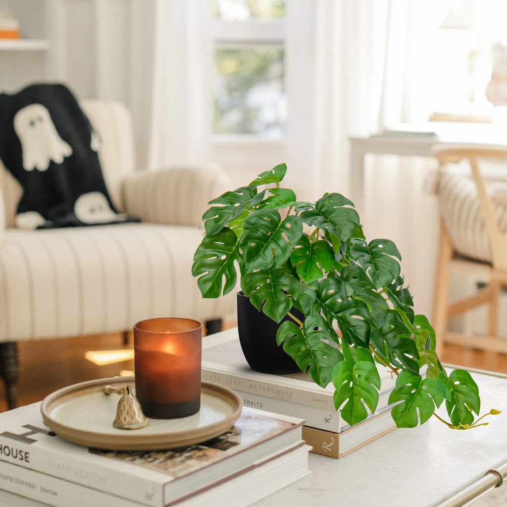 Fake Plants Indoor 8 Inch Artificial Monstera Plant in Black Plastic Pot - Faux Potted Tropical Palm Plant Aesthetic