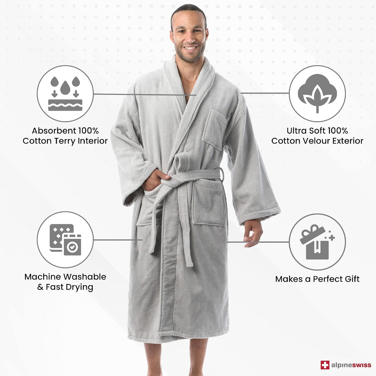 Pure Cotton Mens Terry Cloth Bathrobe Super Absorbent Spa Robe