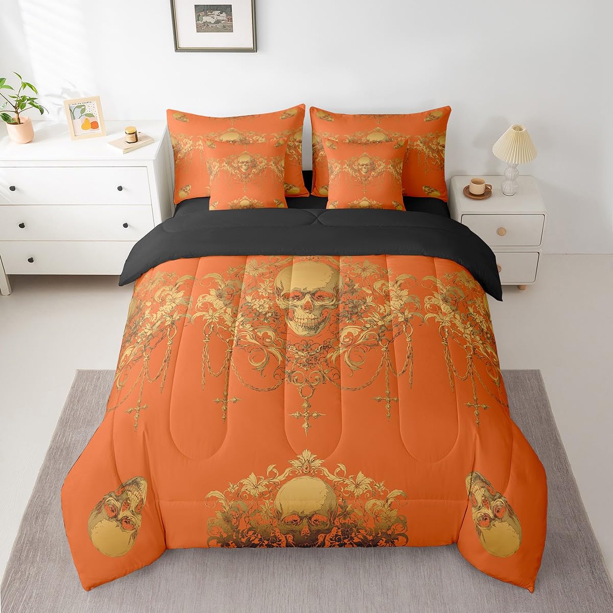 Gothic Bed in a Bag King Size Comforter Set 7 Pieces, Goth Sugar Skull Orange Yellow Damask Bedding Set, Bohemian