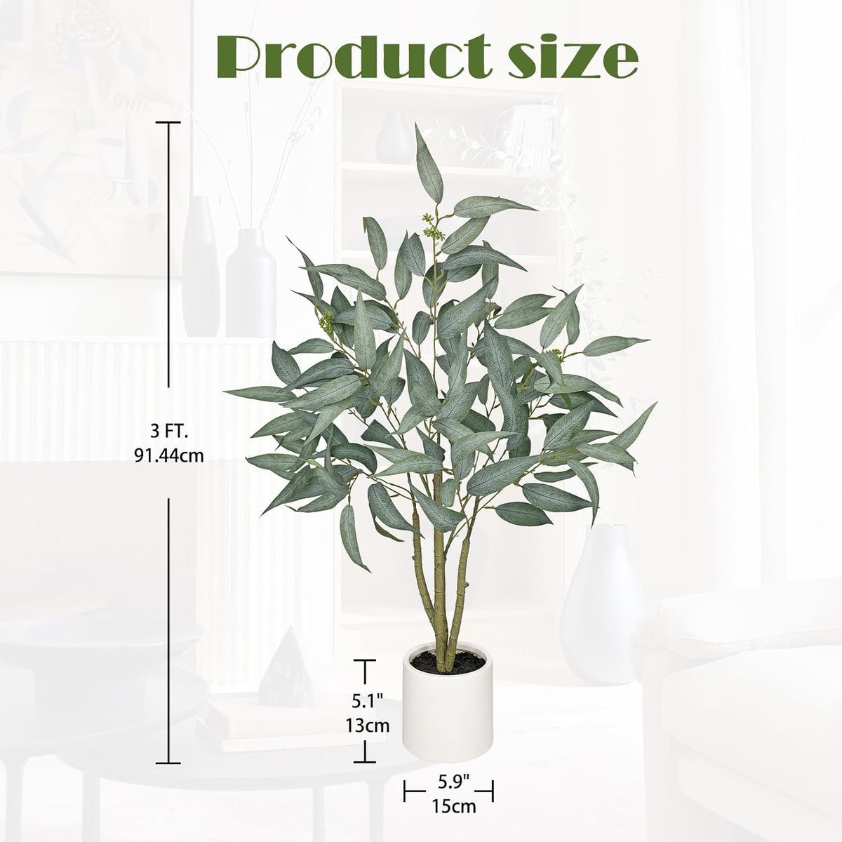 Eucalyptus Trees Artificial Indoor - 3FT Tall Faux Eucalyptus Plants in White Planter, Fake Plant Décor Bedroom
