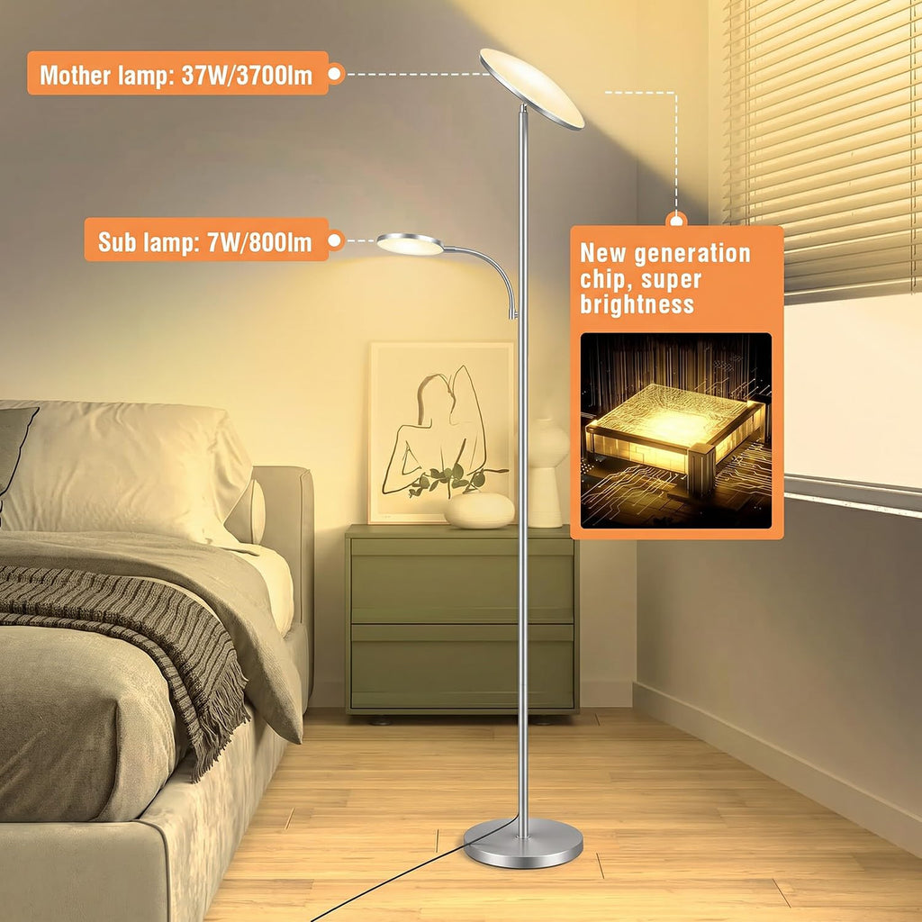 Silver Metallic Floor Lamps, 44W/4500LM High Output 2 in 1 LED, Smooth Stepless Control & Timer, 69" Standing Lamp
