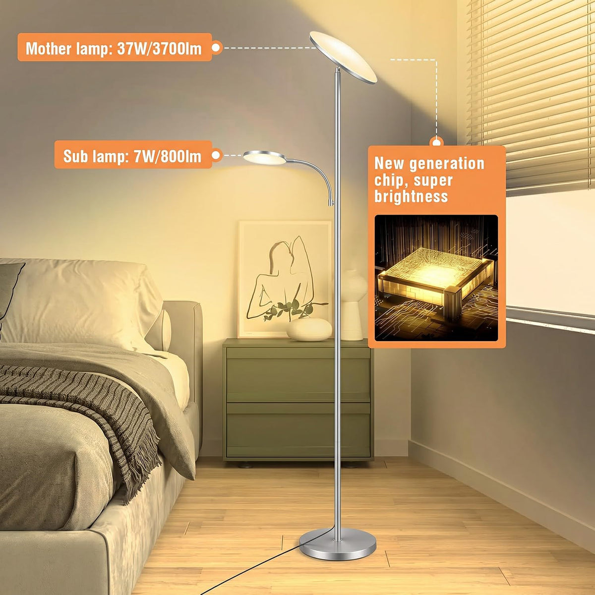 Silver Metallic Floor Lamps, 44W/4500LM High Output 2 in 1 LED, Smooth Stepless Control & Timer, 69" Standing Lamp