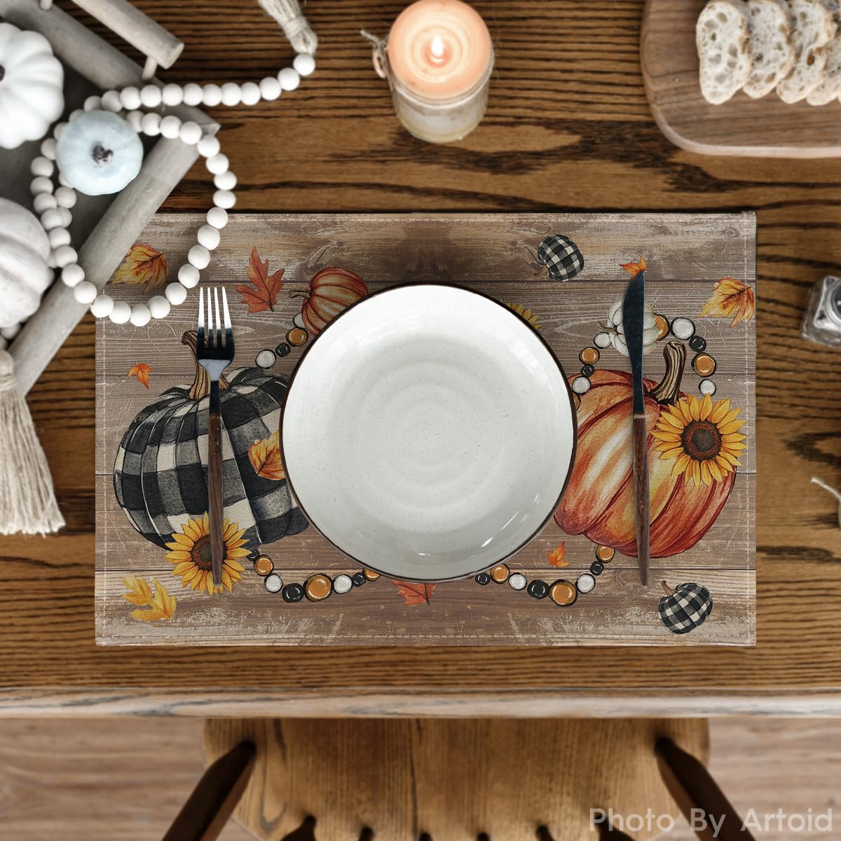 Wood Pumpkins Sunflowers Fall Placemats Set of 6-12 x 18 Inch