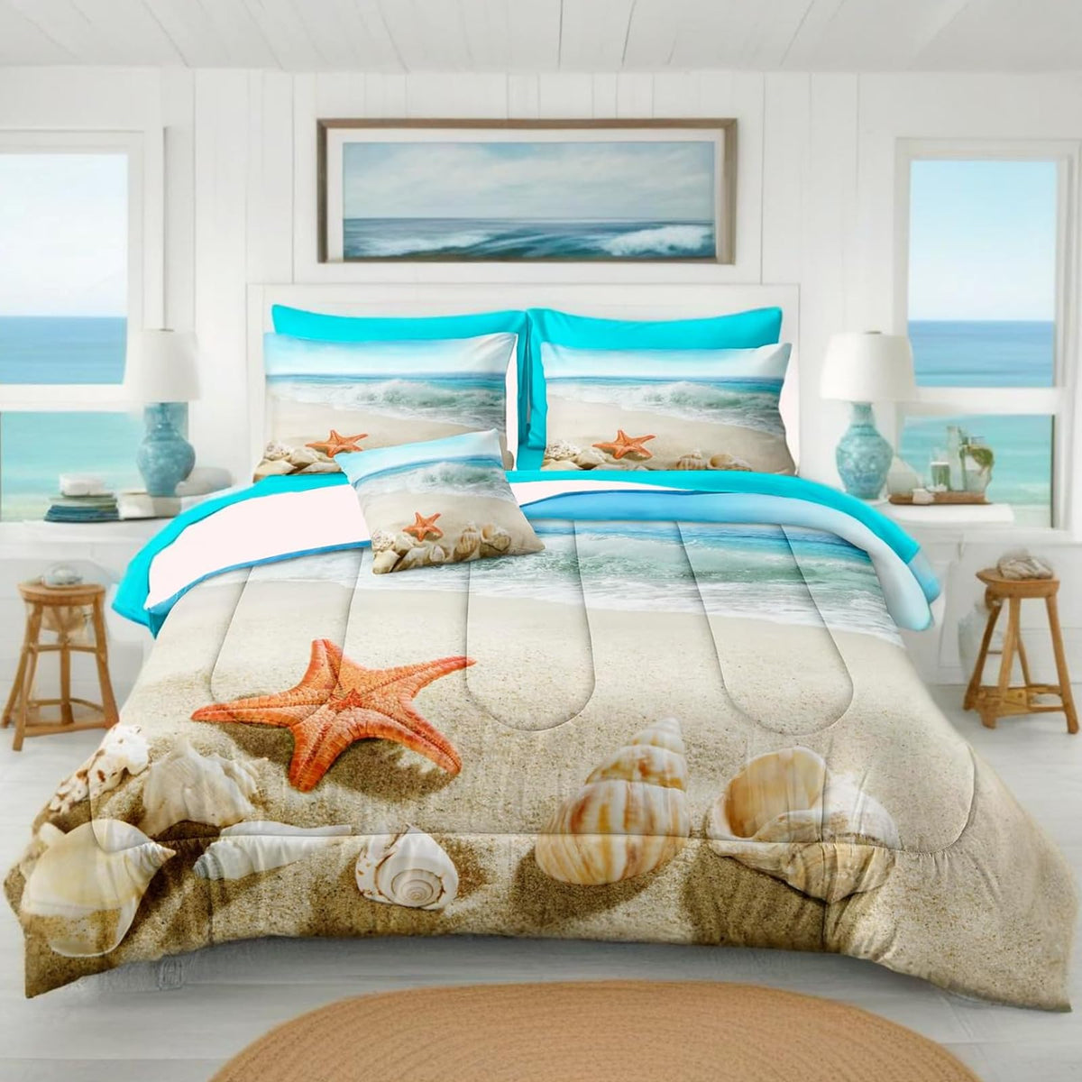 Beach Themed Comforter Set - Sheets, Starfish Sea Life Printed - Women's Adult Coastal Bedding - Aqua