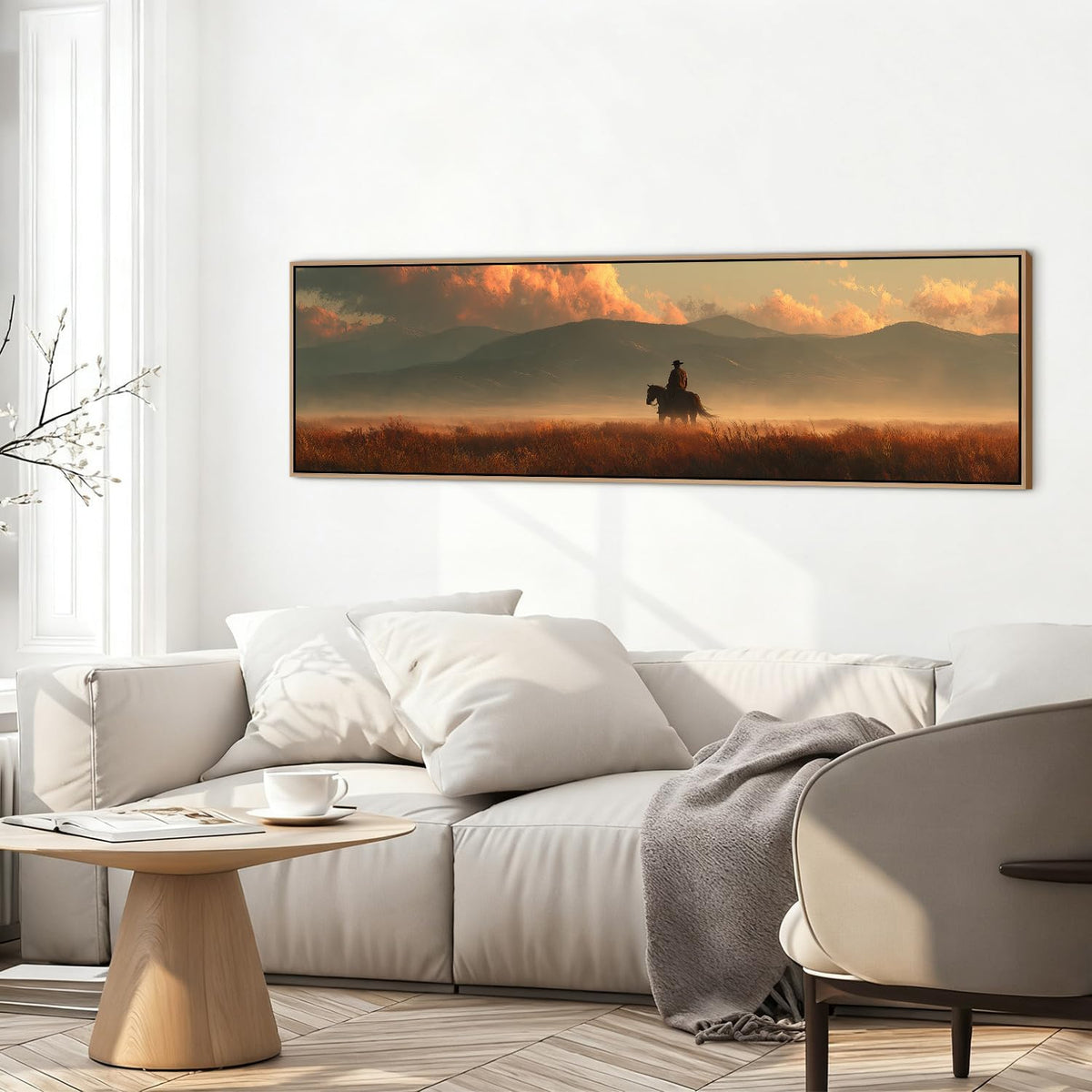 Large Cowboy Wall Art Framed Vintage Western Wall Decor Nature Mountain Canvas Picture Office Home Decor Sunset