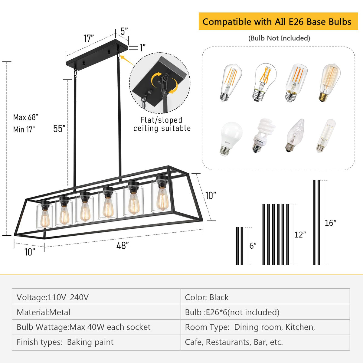 Black Rectangle Chandelier Light fixture Over Table