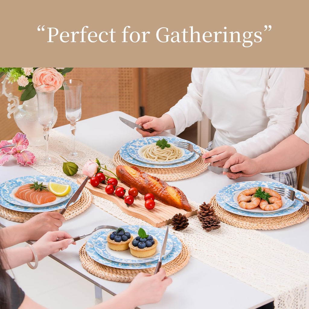 Bone China Dinnerware Set for 4, 12 Pcs White Plates and Bowls, Blue Rim