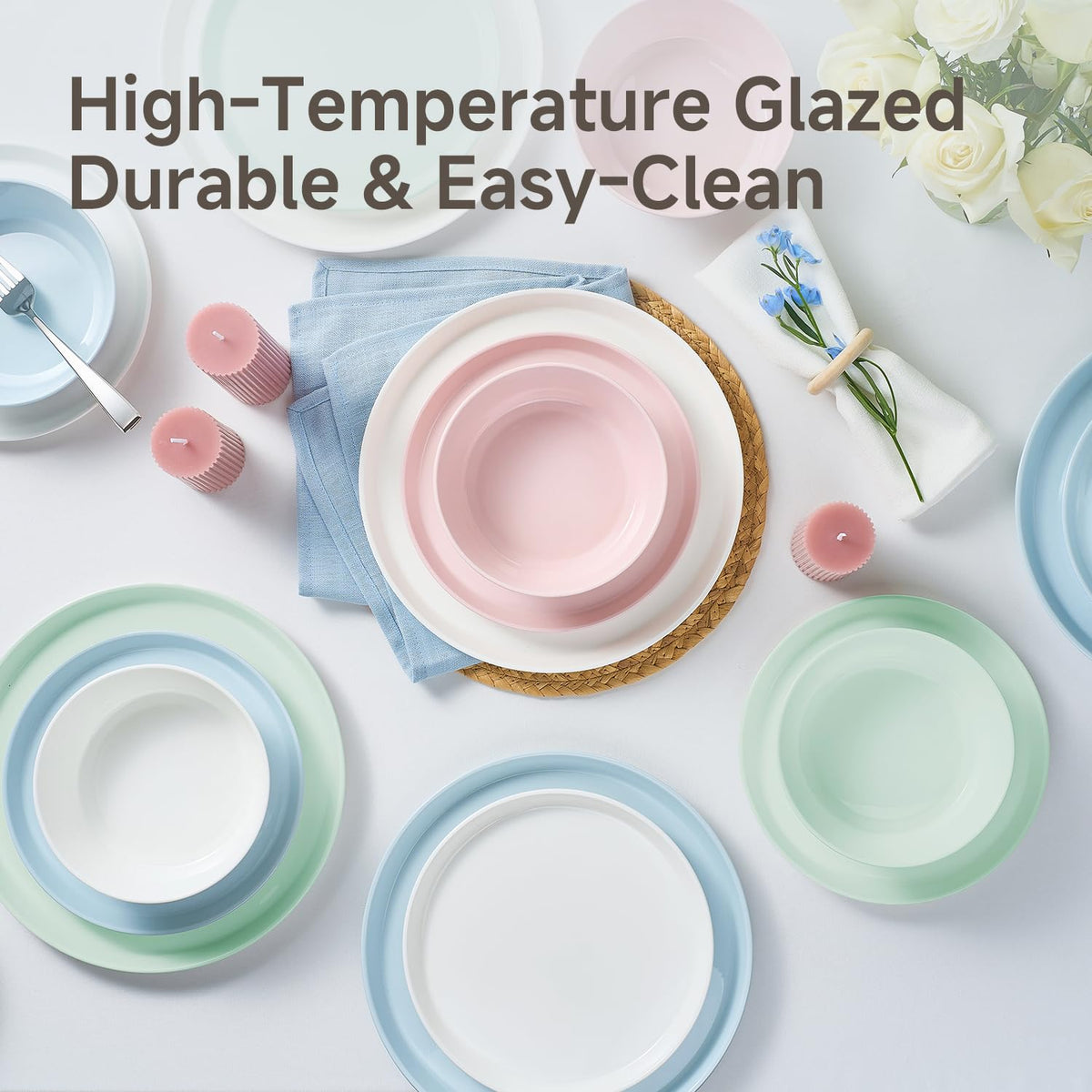 18-Piece Bone China Dinnerware Sets, Blush Pink