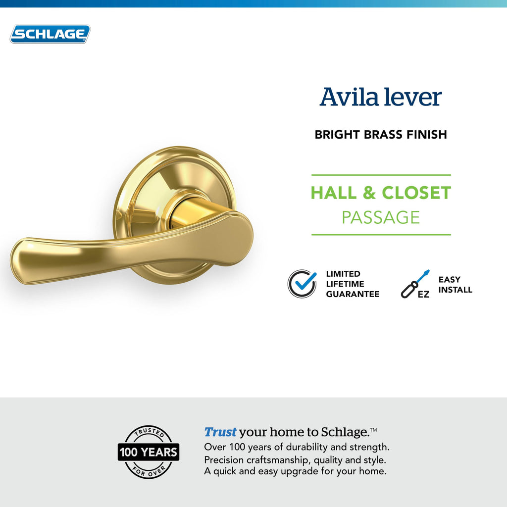 Avila Hall/Closet Passage Door Handle, Reversible, Bright Brass