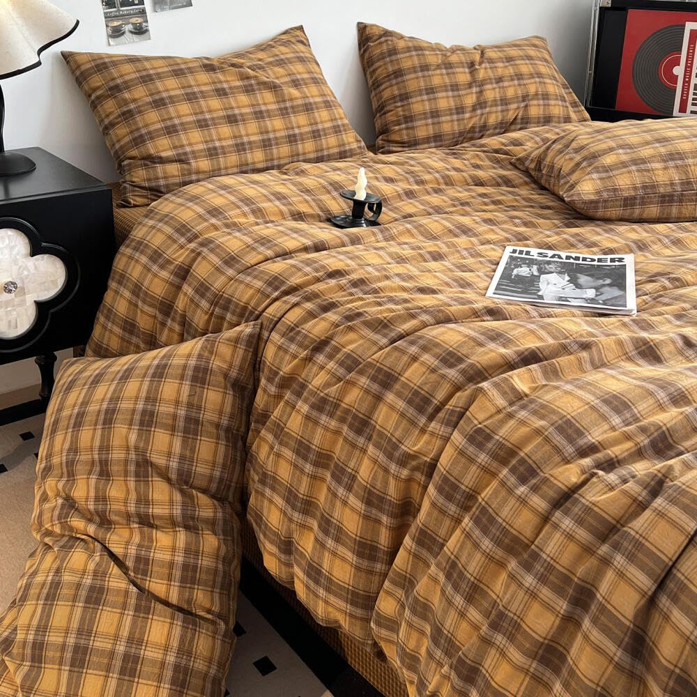 Brown Gingham Comforter Set, Tan Plaid Checked Bedding Set, Cabin Lodge Ultra Soft Lightweight Comforter, 3