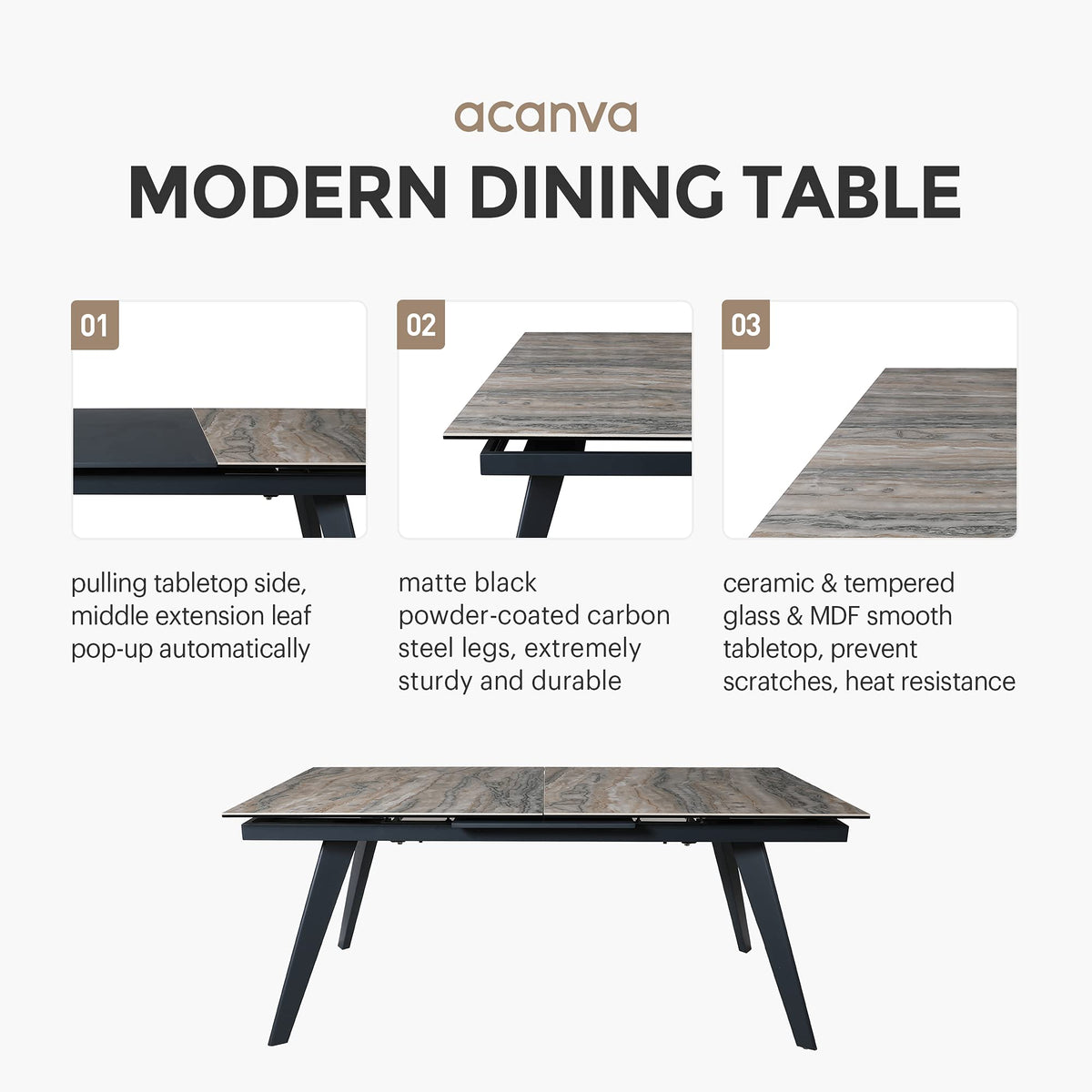 Inspired Saarinen Style Expandable Dining Table for 6-8 Seat, Modern Rectangle Design with Extension Leaf Restaurant, Thicker Top and Carbon