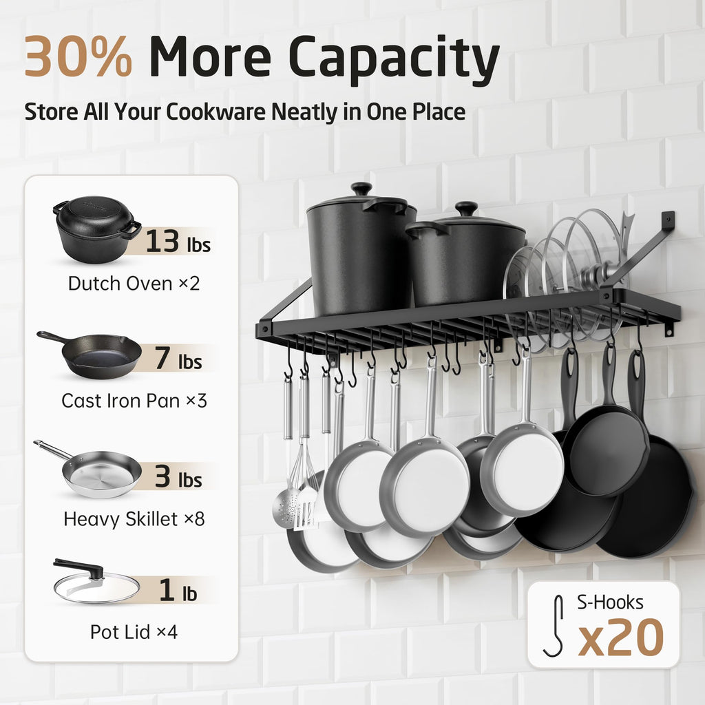 75 lb High-Capacity Pot Rack Wall Mounted with Pot Lid Holder 34 Inch