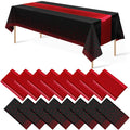 16Pack Disposable Plastic Party Tablecloths and Satin Table Runner Set Black and Red Dot Table Cloth Red Satin Table