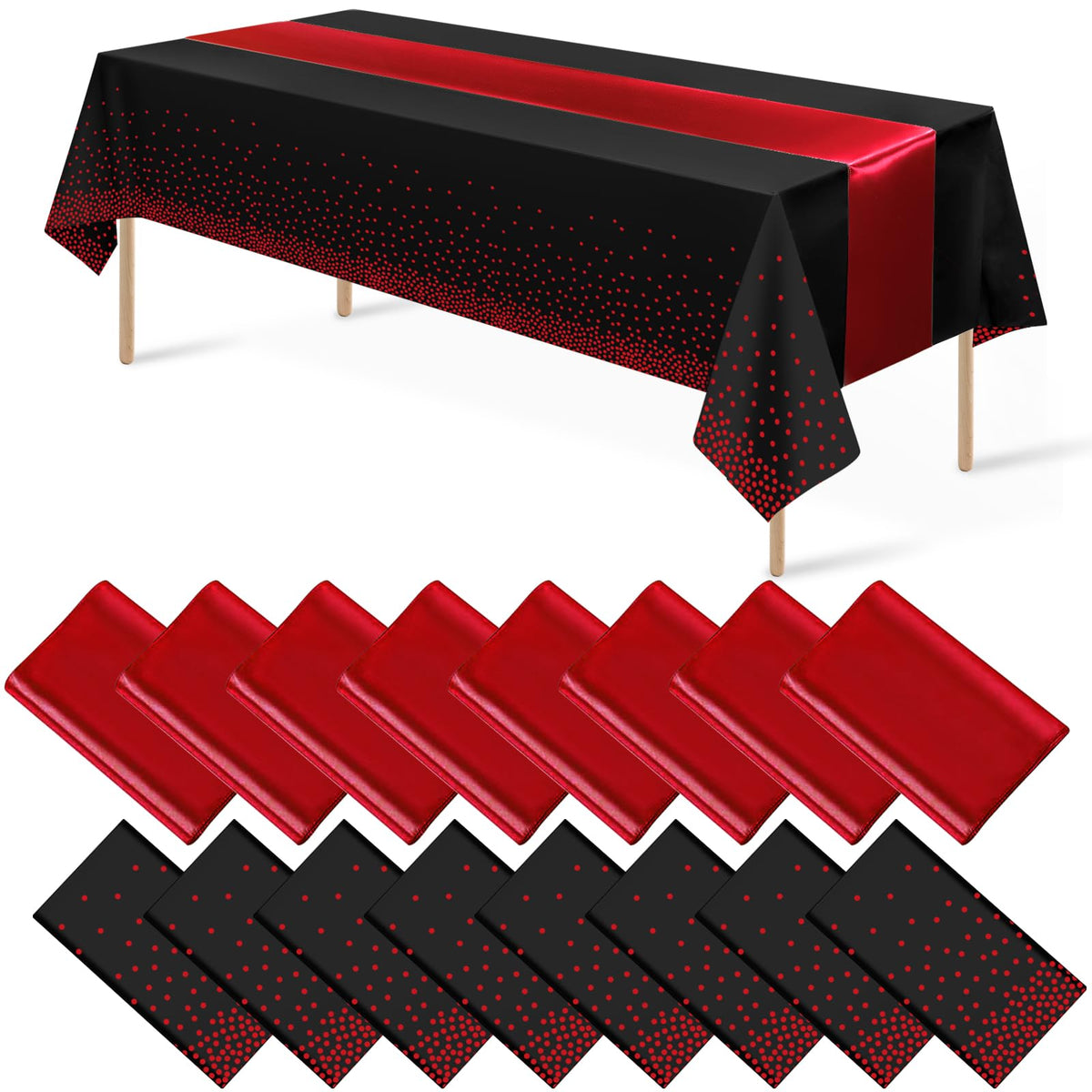 16Pack Disposable Plastic Party Tablecloths and Satin Table Runner Set Black and Red Dot Table Cloth Red Satin Table