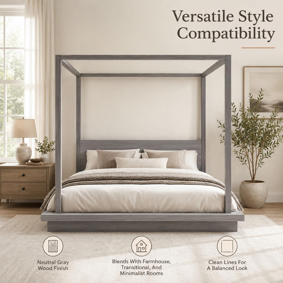 Wooden Canopy Bed Frame Gray Vintage Rustic