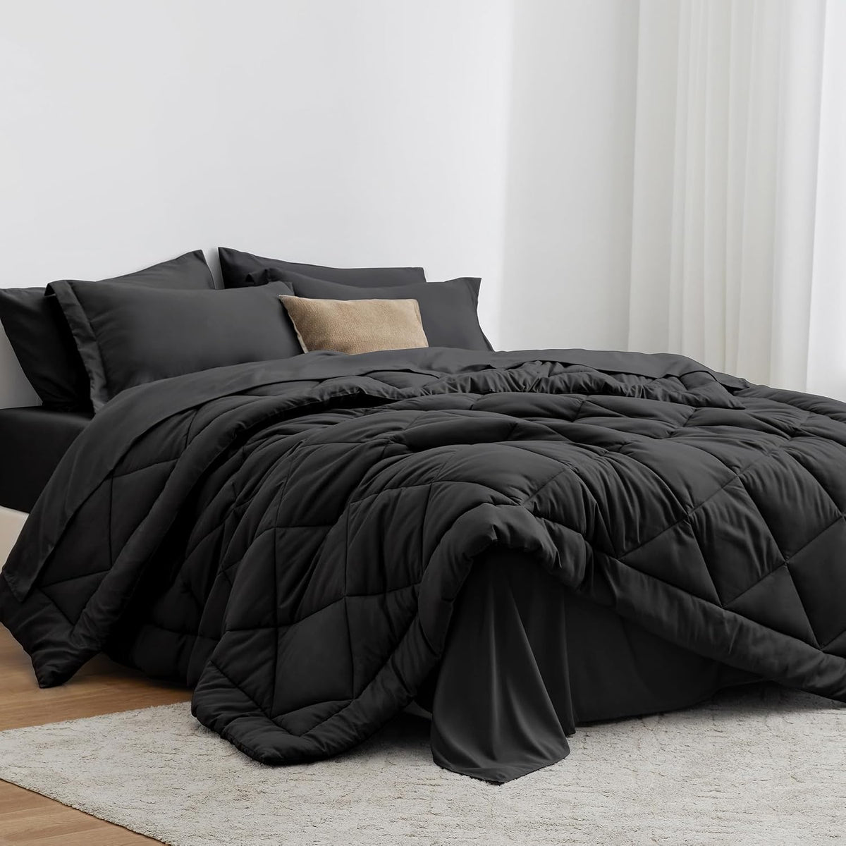 Queen Comforter Set Black, 7 Pieces Queen Bed in a Bag, All Season Bedding Sets with 1 Comforter, 1 Flat Sheet, 1 - Set of 7