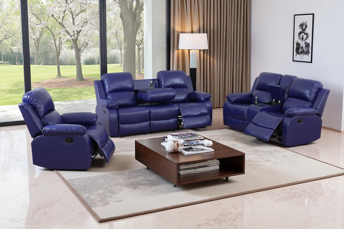 3 Pieces Living Room Furniture Sets with Cup Holder, Manual Leather Recliner Sofa Set with Storage, Bonded Leather