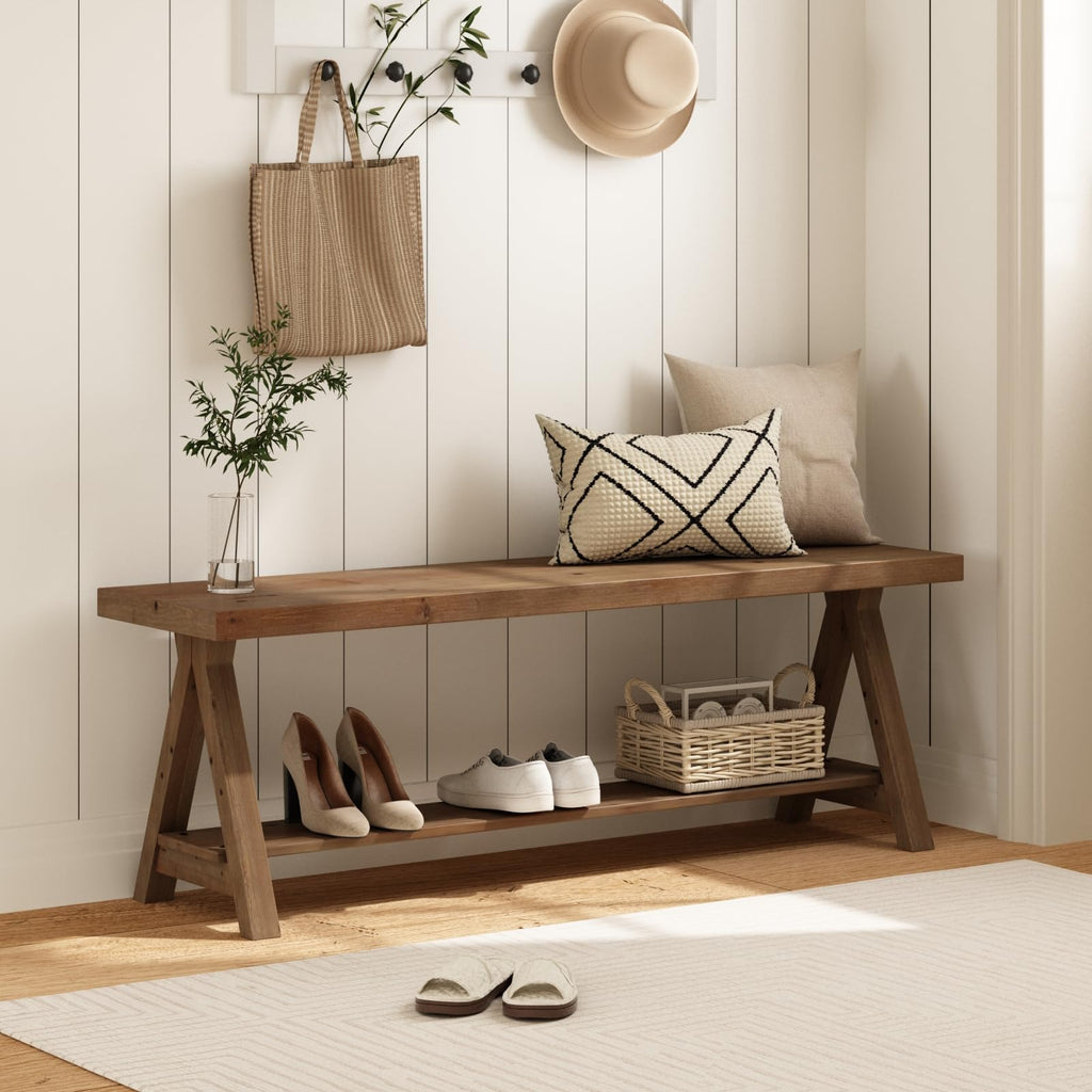 51" Solid Wood Bench, Long Farmhouse Entryway Bench with Storage