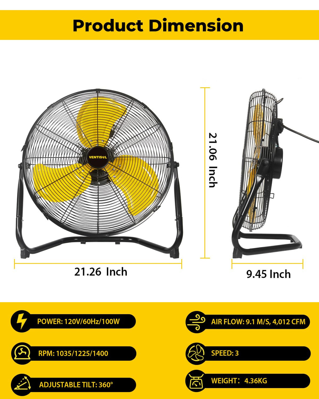 18 Inch Portable Floor Fan, 3 Speed Metal Industrial Shop Fans with 360° Tilt, 4100 CFM High Velocity Heavy Duty Fan