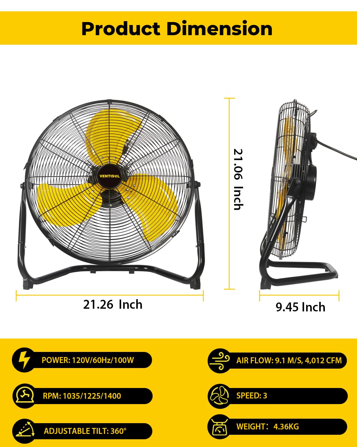 18 Inch Portable Floor Fan, 3 Speed Metal Industrial Shop Fans with 360° Tilt, 4100 CFM High Velocity Heavy Duty Fan
