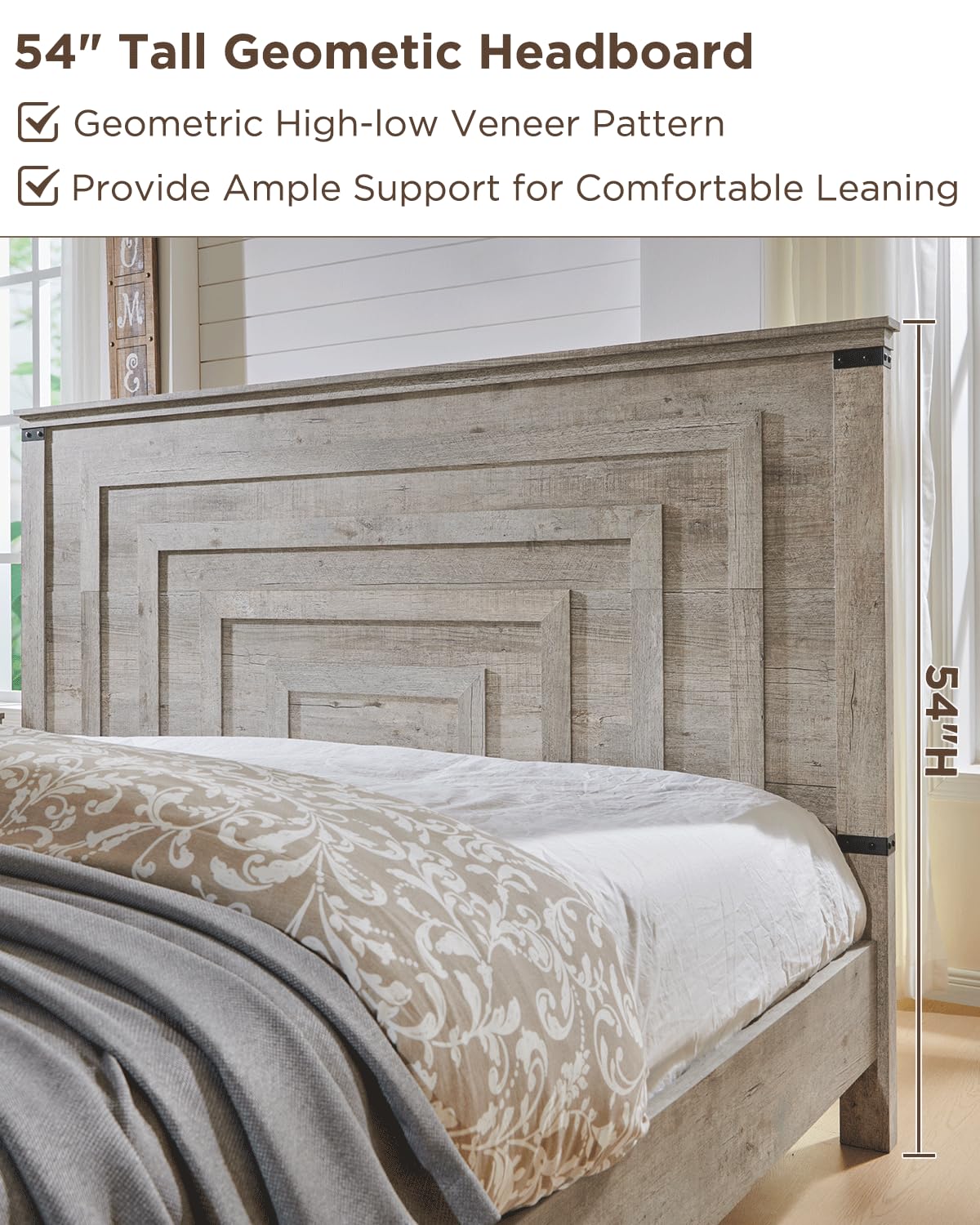54" Tall Farmhouse Bed Frame, Light Rustic Oak