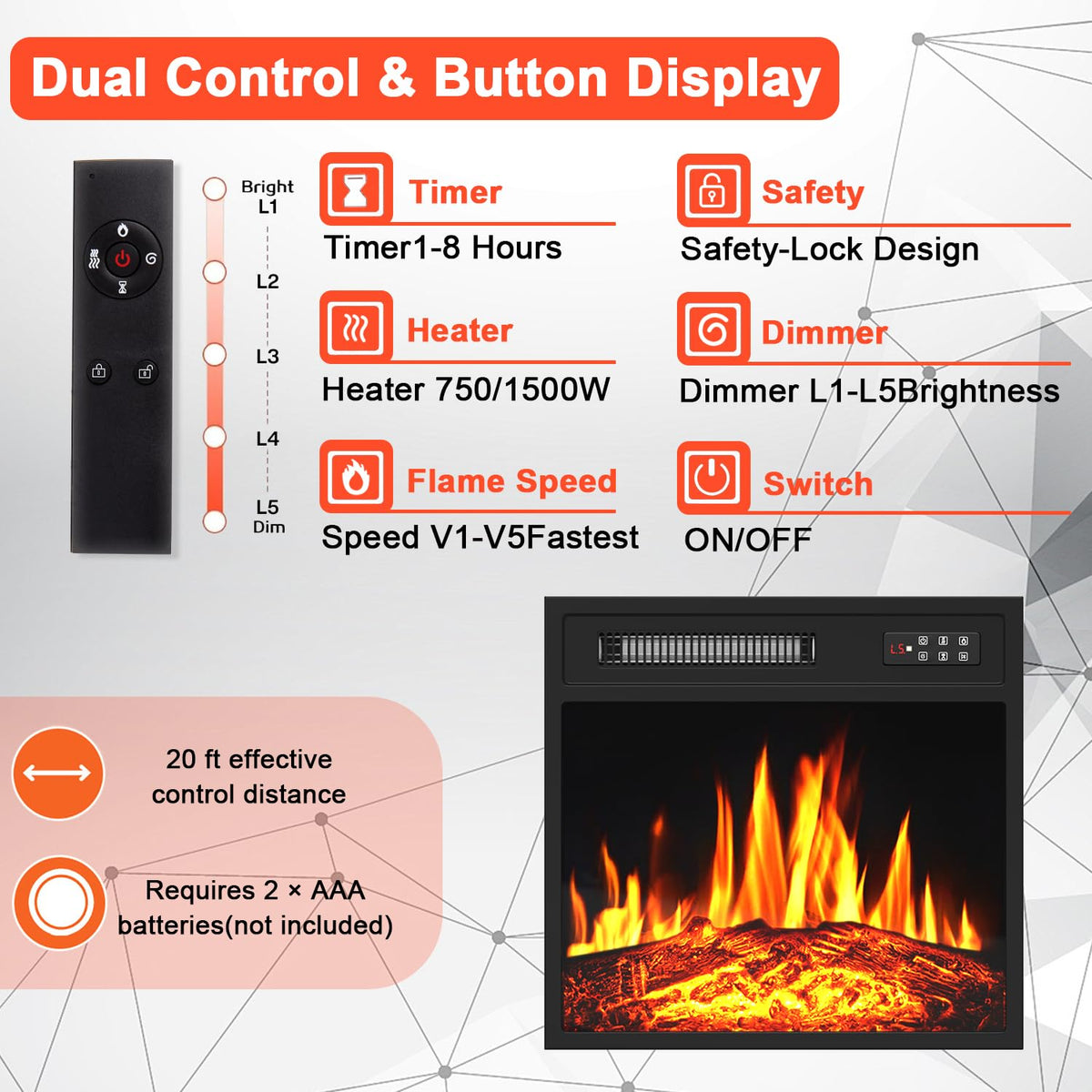 18 Inch Electric Fireplace Insert with LED Realistic Flame, 750/1500W