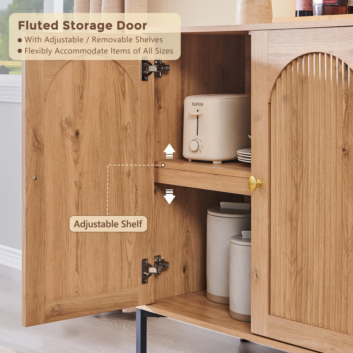 Modern Buffet Cabinet with Storage, 92.63" W Fluted Arched Sideboard Cabinet w/Adjustable Shelves
