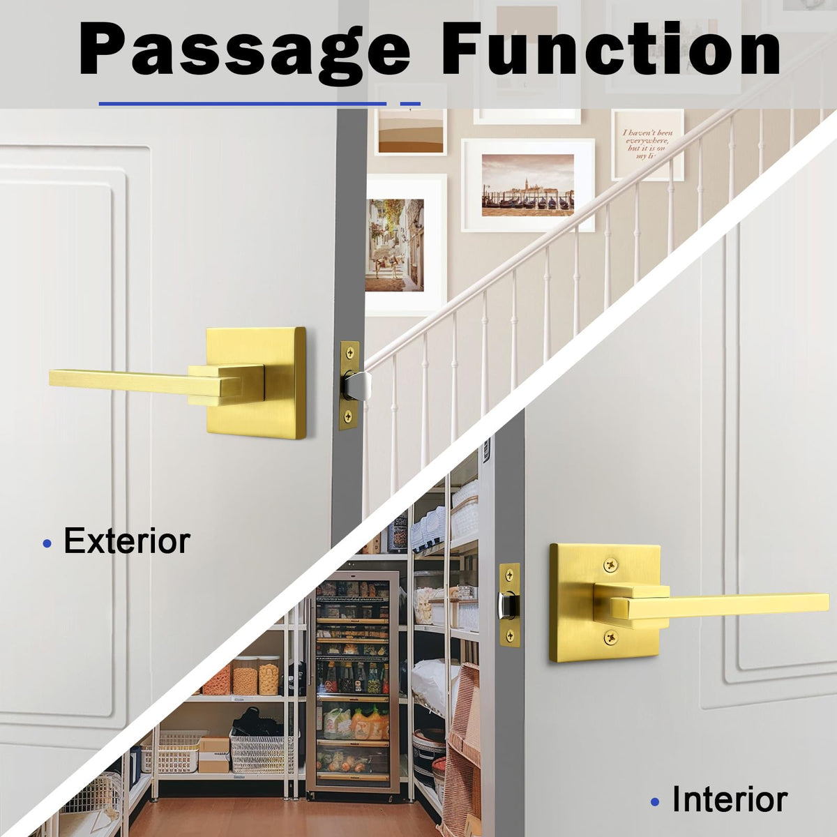 1 Pack Gold Square Passage Door Handle, Non-Locking Door Lock, Door Lever for Closet and Hallway