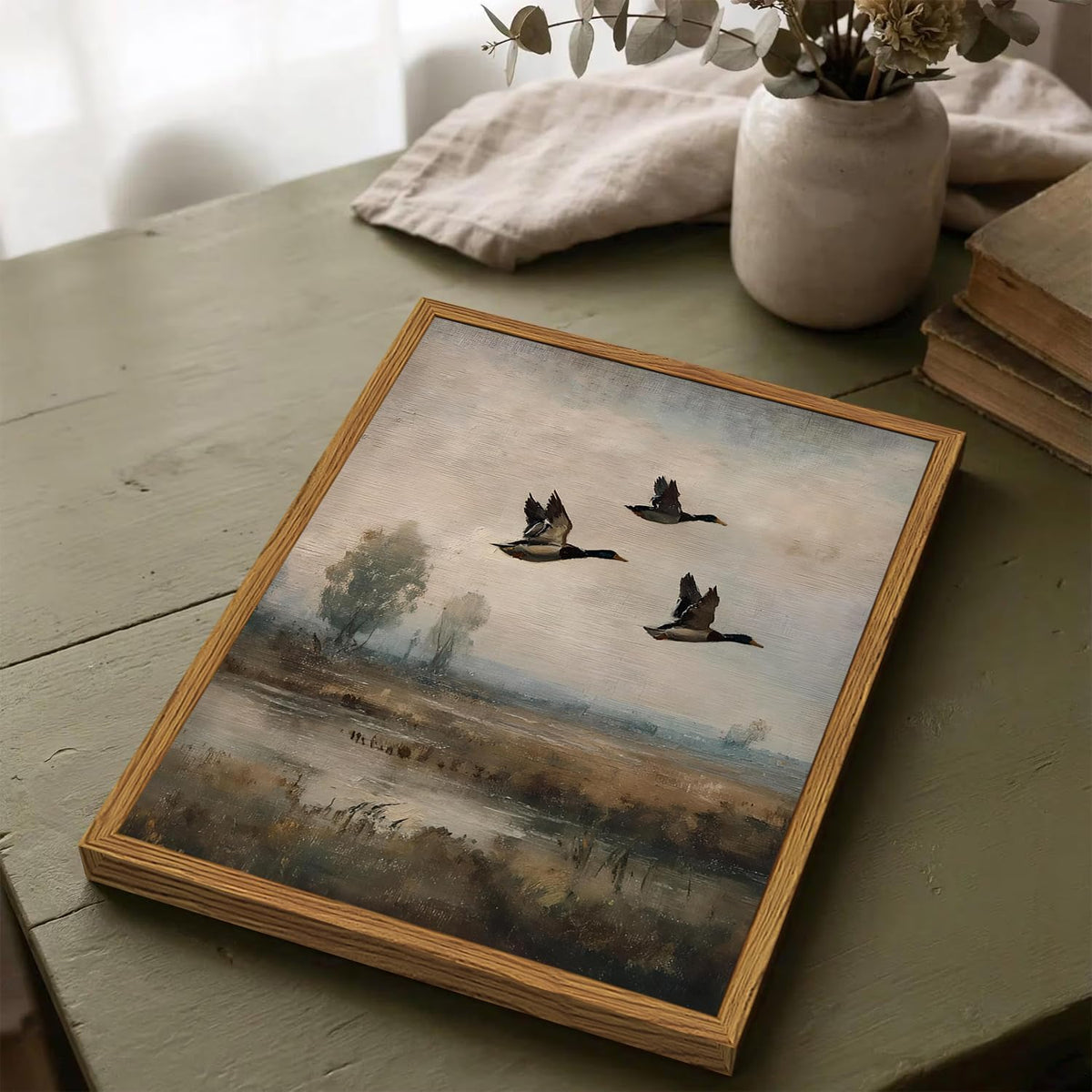 Framed Vintage Mallard Duck Wall Art, Cottagecore Flying Bird Nature Landscape Pictures Wall Decor, Rustic Farmhouse