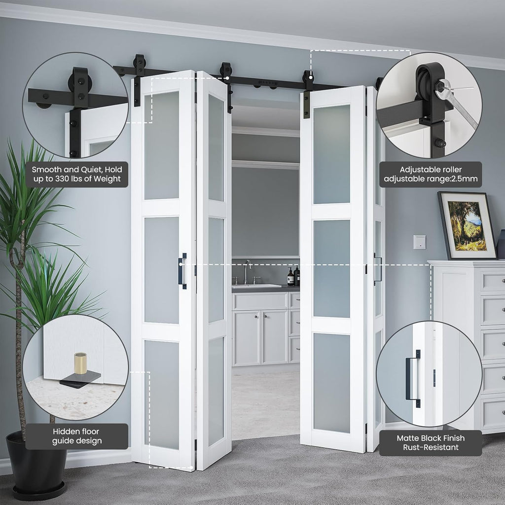 60" x 84" Bifold Sliding Barn Door with Hardware Kit Included, Pre-Assembled Glass Barn Doors with Waterproof &