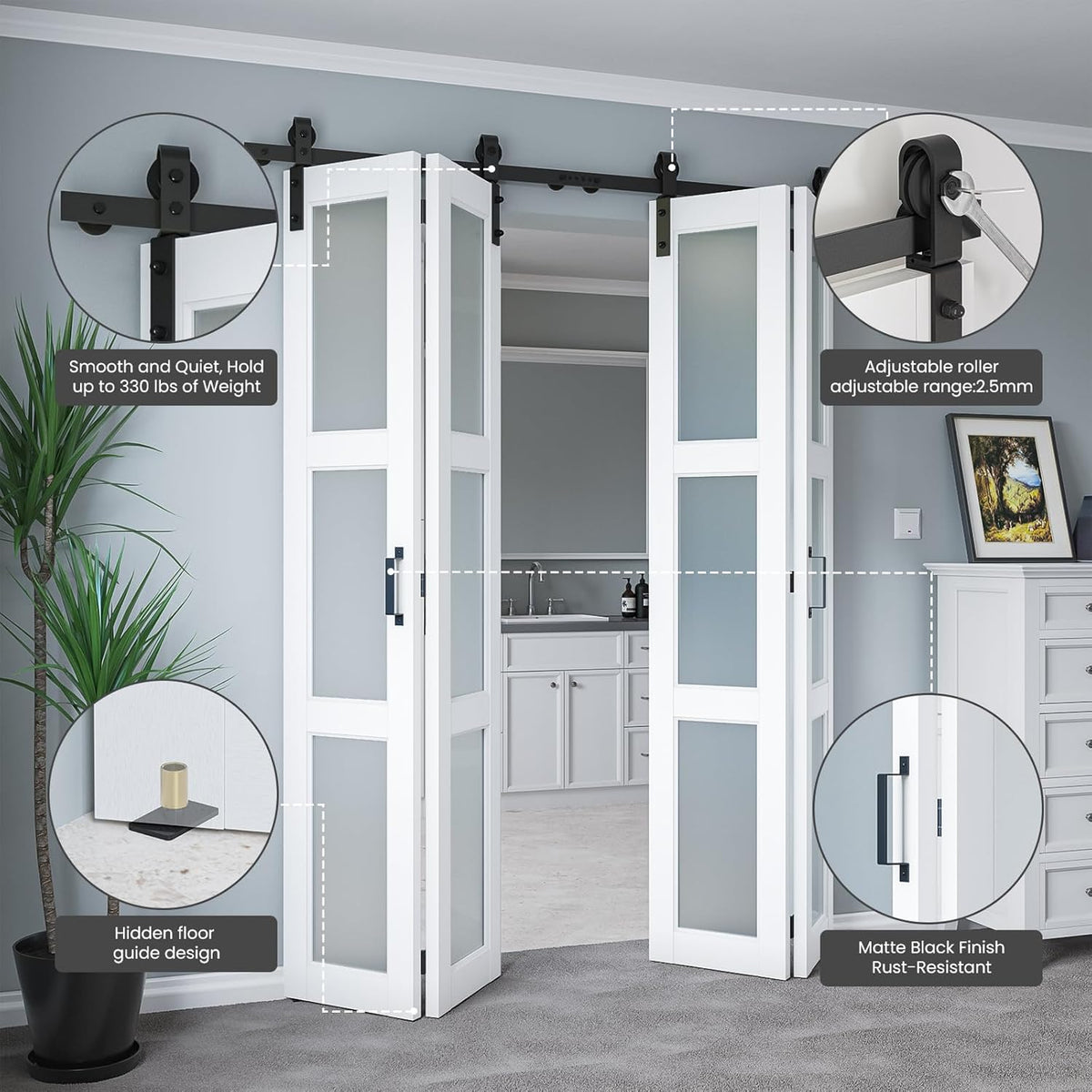 60" x 84" Bifold Sliding Barn Door with Hardware Kit Included, Pre-Assembled Glass Barn Doors with Waterproof &